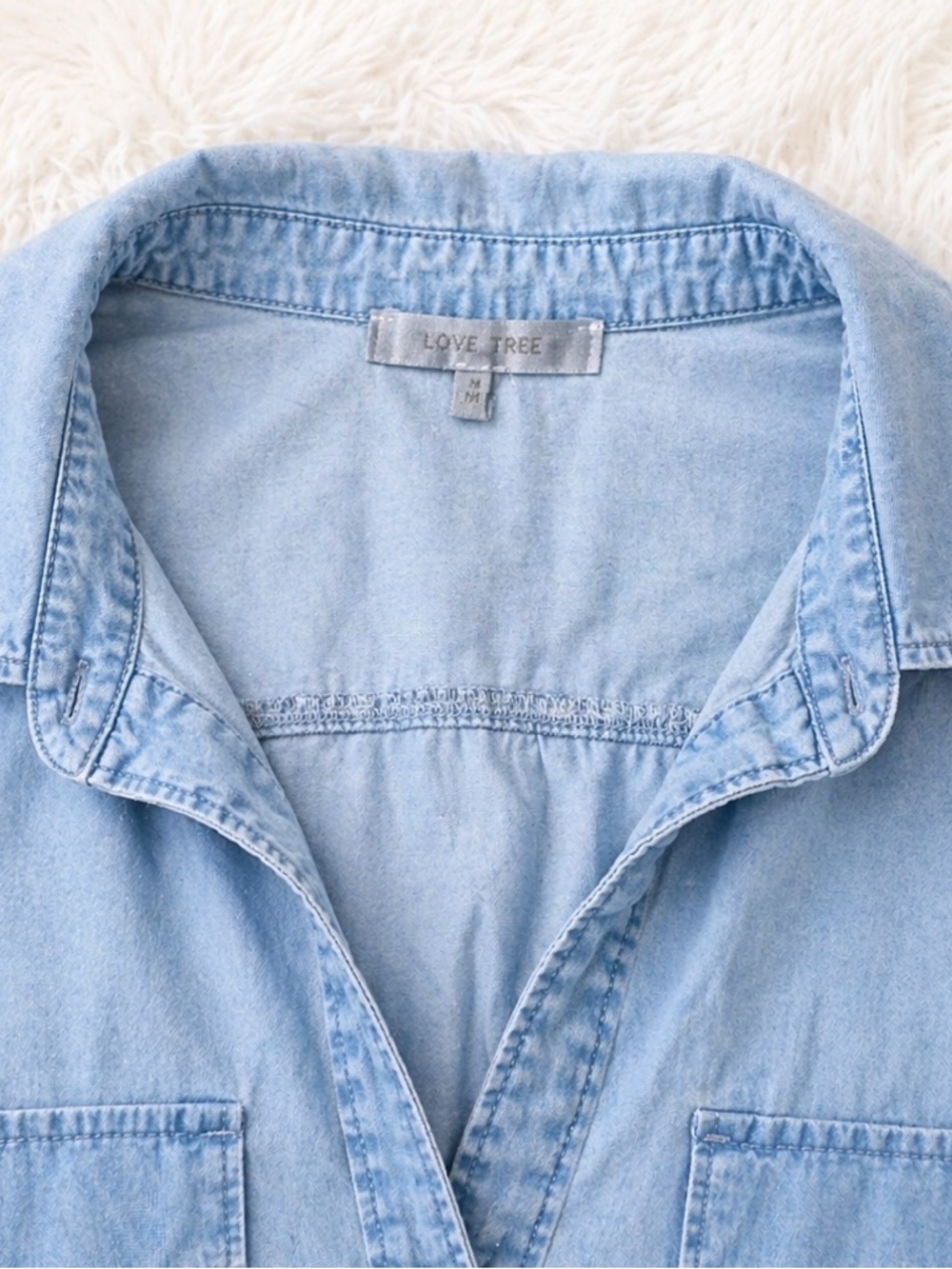 Love Tree Chambray Button Down Top Small | Light Wash Denim Shirt Casual Chic - Picture 2 of 2